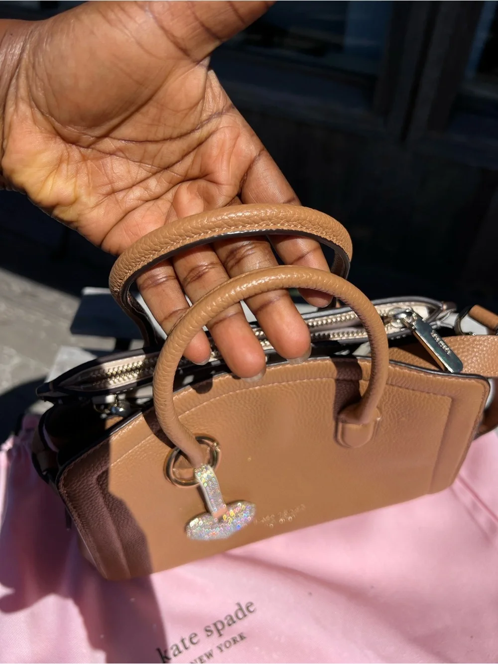kate spade tan leather satchel with crystal heart charm
